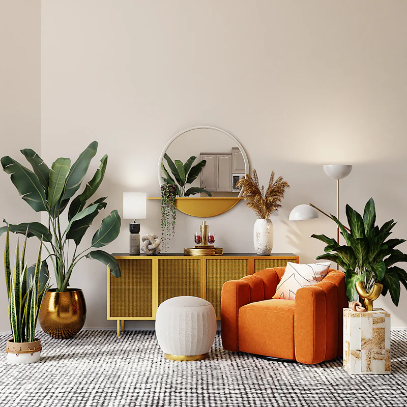 Coin salon avec de grandes plantes dans des pots chaleureux